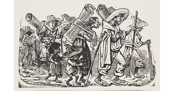 A black-and-white print illustration of a line of adults, many wearing hats, holding walking sticks, and carrying loads on their backs, and children.