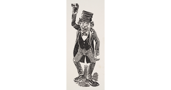A black-and-white print illustration of a man wearing a rumpled top hat, three-piece suit with tails, one arm raised next to the words, "Que si."