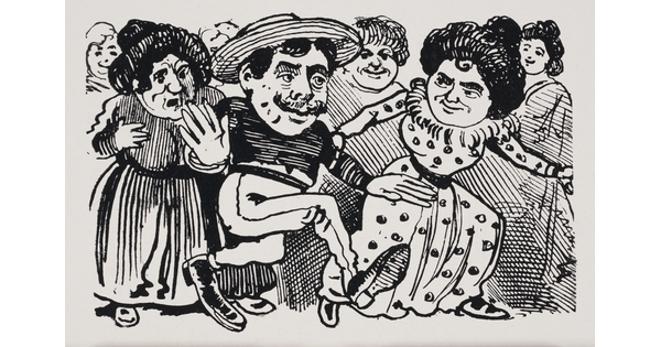 A black-and-white print illustration of a man with large hands and feet, wearing a sombrero, surrounded by a group of women.