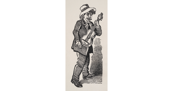 A black-and-white print of a man with a mustache in a suit and hat holding a guitar.