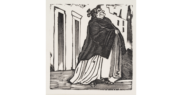 A black-and-white print of a large woman wearing a shawl and walking away from a building.