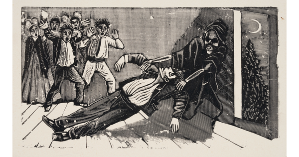 A black-and-white print of a cloaked skeleton dragging a man to the outdoors as a group of shocked onlookers watch.