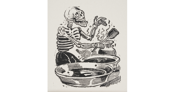 A black-and-white print of a skeleton standing in front of two large skillets holding a spatula in one of its hands.