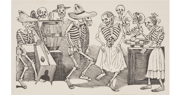 A black-and-white print of a party with a skeleton couple dancing next to a skeleton band as other skeletons eat and drink.