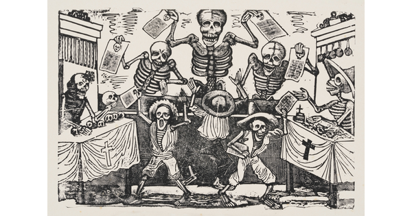 A black-and-white print of several skeletons, some dressed, holding up broadsides and two skeletons behind tables covered in cloths with crosses on the front.