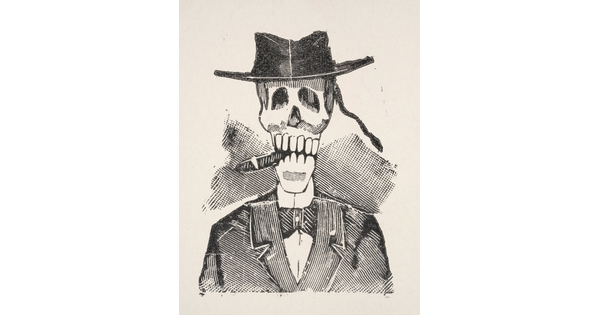 A black-and-white print of a skull wearing a bolero, smoking a cigar, and wearing a suit.