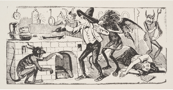 A black-and-white print of a four demons harassing a man pouring a liquid in a pot on a stove as a woman lies on the floor.