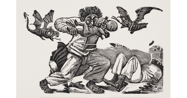 A black-and-white print showing a cartoon-ish man eating a child, and two dragon-like creatures flying around him.