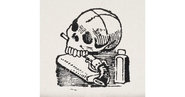 A black-and-white print illustration of a human skull with a pistol in its jaw on top of a book and next to a bottle.