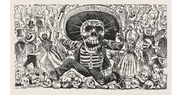 A black-and-white print of a running skeleton wearing a large sombrero and carrying a bloody knife in front of a large group of skeletons.