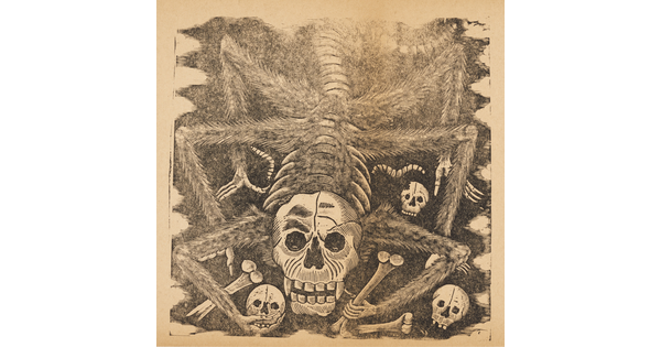 A sepia-toned print of a spider with a skull as a head, holding bones and skulls in its claws.