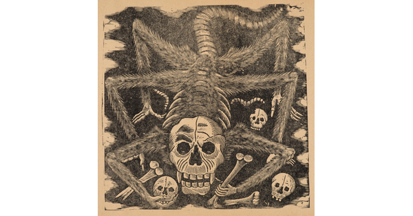 A sepia-toned print of a spider with a skull as a head, holding bones and skulls in its claws.