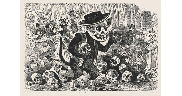 A black-and-white print of a skeleton with cat ears, wearing a hat and vest, holding a human skull in each hand, and standing among skulls as a humans in the background flee in fear.