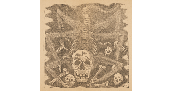 A sepia-toned print of a spider with a skull as a head, holding bones and skulls in its claws.