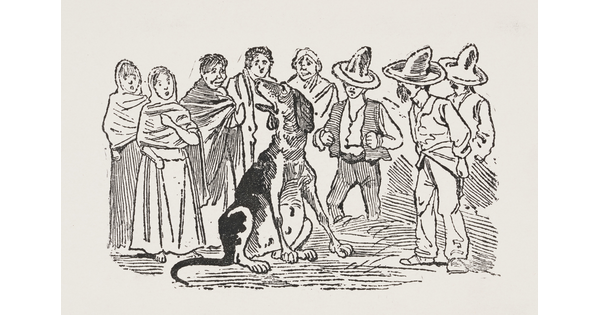 A black-and-white print of an illustration of a group of people standing around a very large, sitting dog.