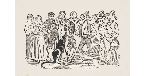 A black-and-white print of an illustration of a group of people standing around a very large, sitting dog.