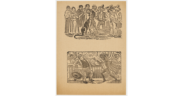 A black-and-white print of two vignettes: on the top, a crowd surrounds a very large dog; on the bottom, a man in a sombrero shoots another man.