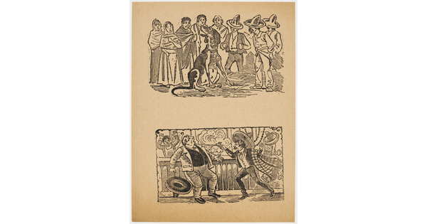 A black-and-white print of two vignettes: on the top, a crowd surrounds a very large dog; on the bottom, a man in a sombrero shoots another man.