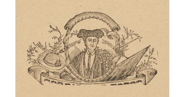A black-and-white print of the bust of a matador in a decorative oval frame surrounded by plants, a sword, and a hat.