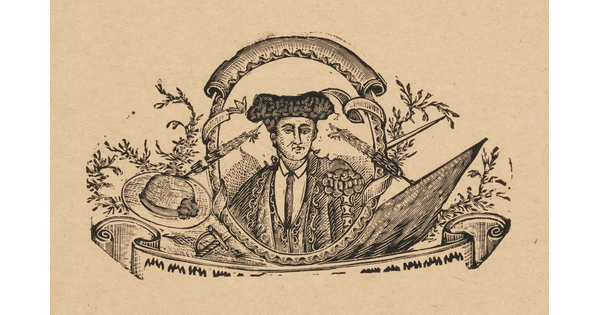 A black-and-white print of the bust of a matador in a decorative oval frame surrounded by plants, a sword, and a hat.