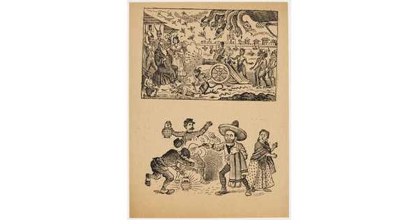 A black-and-white print of two vignettes: on the top, a multi-headed creature and various demons fire a cannon at an old man; on the bottom, a man wearing a sombrero shoots another man as two people watch.