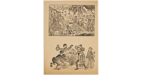 A black-and-white print of two vignettes: on the top, a multi-headed creature and various demons fire a cannon at an old man; on the bottom, a man wearing a sombrero shoots another man as two people watch.