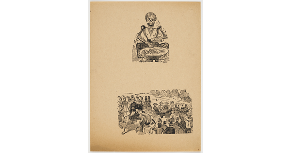 A black-and-white print of two vignettes: on the top, a dressed skeleton serves food onto a plate; on the bottom, a parade of soldiers on horses pulling carriages walk past a crowd.