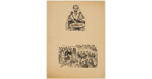 A black-and-white print of two vignettes: on the top, a dressed skeleton serves food onto a plate; on the bottom, a parade of soldiers on horses pulling carriages walk past a crowd.