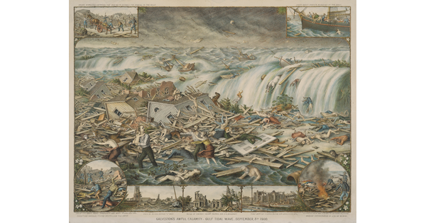 A color print of water rushing onto a shoreline full of crushed buildings and bodies as several figures try to flee.