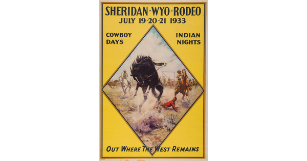 A color poster with an illustration of a horse that has just thrown off its rider.