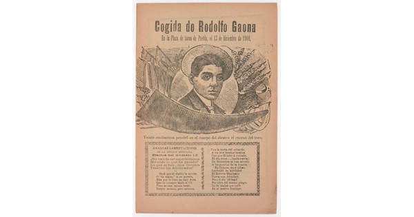 A yellowed black-and-white print of Spanish text beneath an image of a man surrounded by symbols of bullfighting.