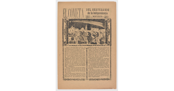 A yellowed black-and-white print of people watching a comet moving through the night sky above a block of Spanish text.