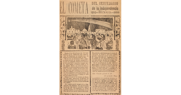 A yellowed black-and-white print of people watching a comet moving through the night sky above a block of Spanish text.