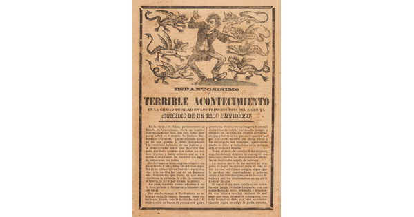 A black-and-white printed leaflet with Spanish text below an illustration of a man being attacked by seven creatures representing the seven deadly sins.