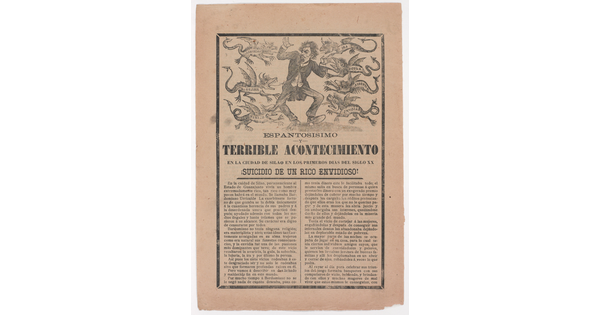 A black-and-white printed leaflet with Spanish text below an illustration of a man being attacked by seven creatures representing the seven deadly sins.