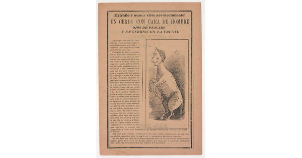 A black-and-white printed leaflet with Spanish text next to an illustration of a hooved creature with a human-like head standing on two legs.