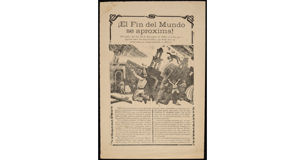 A black-and-white printed leaflet with Spanish text below an illustration of tumbling buildings and people running and falling.