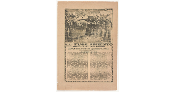 A black-and-white printed leaflet with Spanish text below an illustration of a uniformed firing squad shooting rifles at a single man.