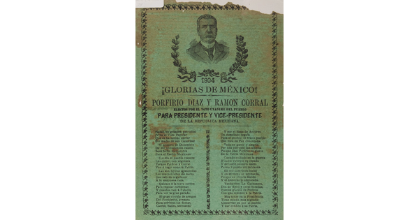 A black-and-white print of Spanish text below a bust of a mustachioed man wearing a suit.