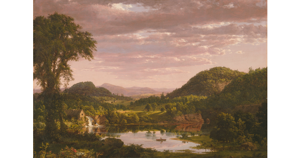 An oil painting of a lush green hills with a cabin nestled near a waterfall that flows into a still pond that reflects the sky.