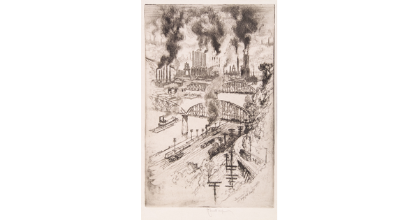 A black-and-white print of an industrial scene with multiple train lines, bridges over a river, and smokestacks billowing smoke in the distance.