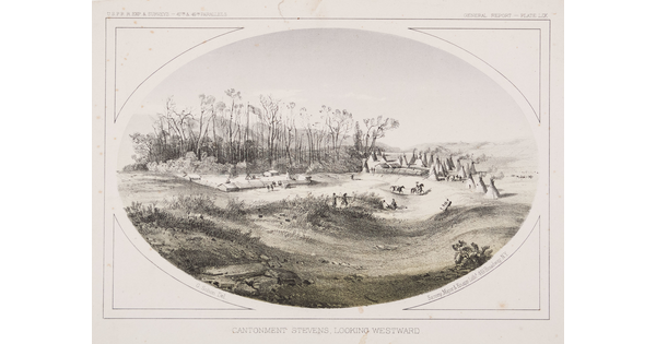 A black-and-white print of a military fort next to an Indigenous community of tipis inside of an oval border.
