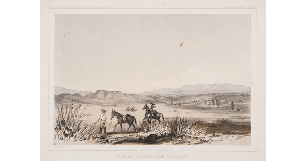 A color print of a desert landscape in earthtones of two figures, one horseback and the other leading a horse.