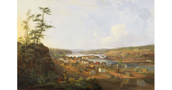 An oil painting of an Indigenous man and woman on a cliff that overlooks a small town on a calm river.