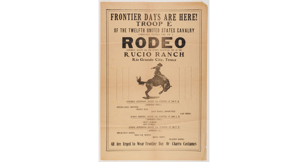 A black-and-white poster advertising Frontier Days in Rio Grande, Texas, with an image of a cowboy on a bucking horse.