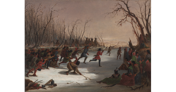 An oil painting of American Indians playing lacrosse on a frozen river as others watch in the snowy landscape.