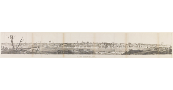 A black-and-white panoramic print of a city on the banks of a river.