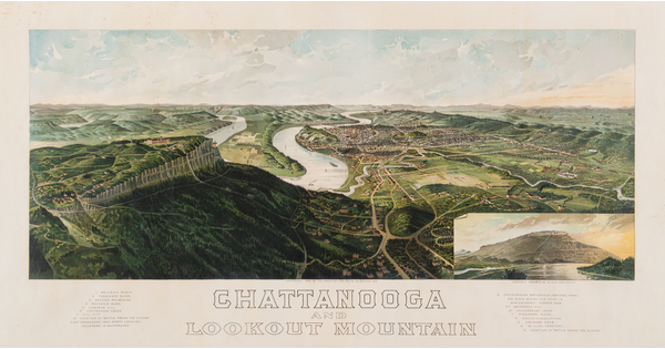 A color print of a bird's eye view of a mountain with a curving river running next to a town; an inset illustration shows the river and mountain at ground level.