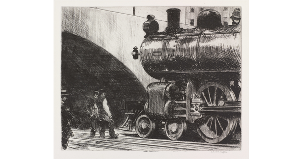 A black-and-white print illustration of three men looking closely at a locomotive on tracks just outside of a tunnel.