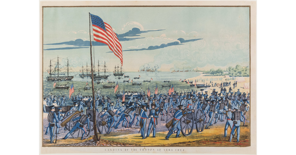 A color print of a large group of soldiers on a beach with cannons on gun carriages as ships sail in the sea.